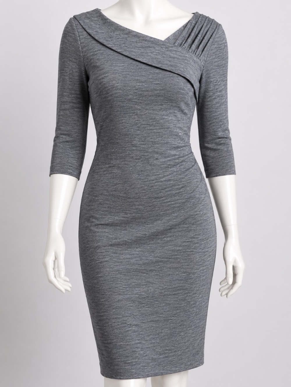 Tahari Arthur Gray Sheath Dress Asymmetrical Pleated Neckline Career Size 12